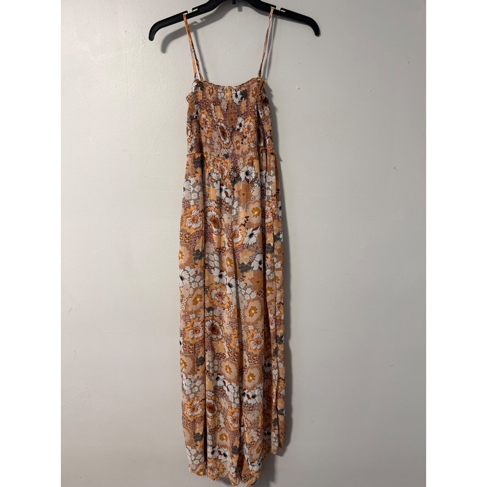Kori Womens Floral Smocked Wide Leg Jumpsuit Spaghetti Strap Orange Boho Small